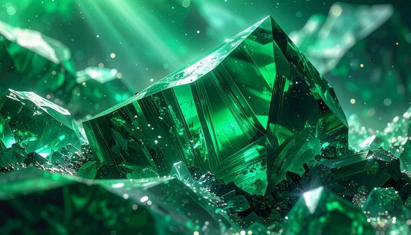 光を受けて輝くエメラルドの鉱石の写真