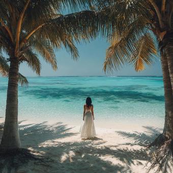 ターコイズブルーの海と白いドレスの女性 ターコイズブルーの海と白いドレスの女性の写真