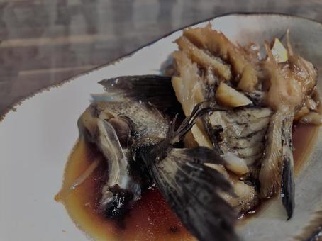 Photo, simmered sweet potato, boiled fish, meval, 