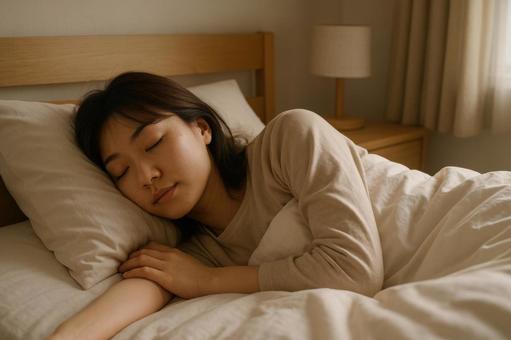 寝室で熟睡する女性の写真