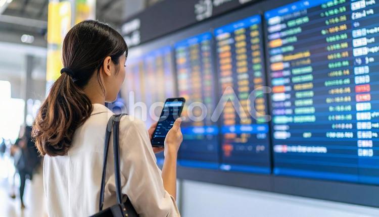 空港の電光掲示板の前でスマホを見る女性 空港,電光掲示板,女性の写真素材