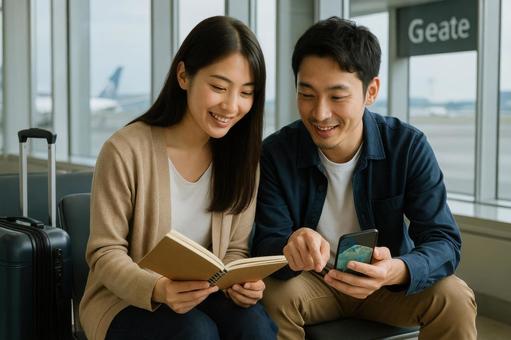 Couple planning a trip at the airport, airport, a couple, japanese, JPG