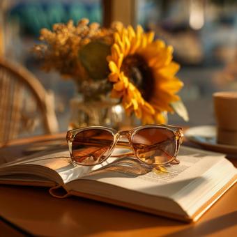 カフェテラスで過ごす、ひまわりと読書 カフェテラスで過ごす、ひまわりと読書の写真