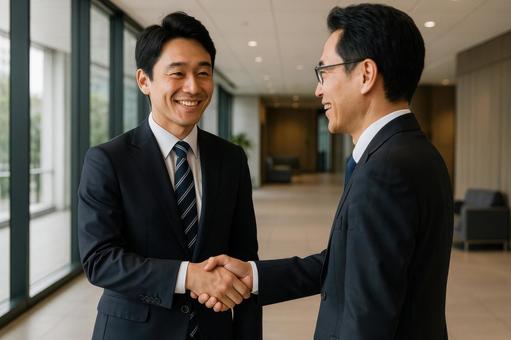 同僚と握手する社員の写真