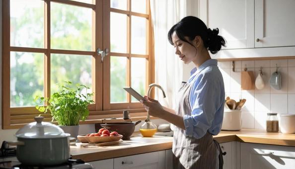 レシピを見ながら料理する日本人の若い女性 レシピを見ながら料理する日本人の若い女性の写真