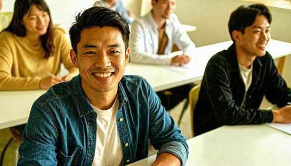 講師の講演を笑顔で聞くビジネスパーソン 講師の講演を笑顔で聞くビジネスパーソンの写真