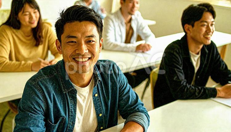 講師の講演を笑顔で聞くビジネスパーソン 講演,プレゼン,会議の写真素材
