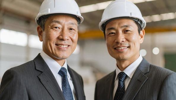 町工場で働くシニア社長と営業社員 町工場で働くシニア社長と営業社員の写真