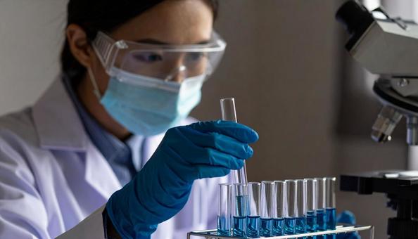 研究所で実験をする女性の研究者 研究所で実験をする女性の研究者の写真
