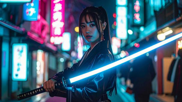 光る日本刀を持った若い女性01 光る日本刀を持った若い女性01の写真