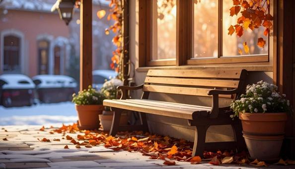 かわいいカフェの入口・ベンチのあるカフェの写真