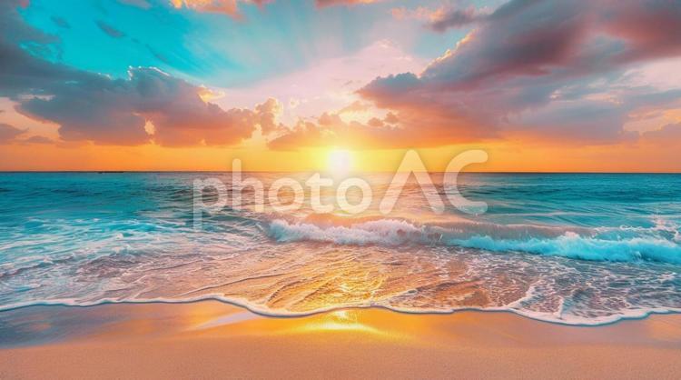 夏の終わりに染まるビーチサンセット 夕焼け,海辺の風景,夏のビーチの写真素材