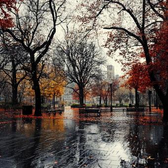 The trees in the park are wet with rain, november, park, rain, JPG