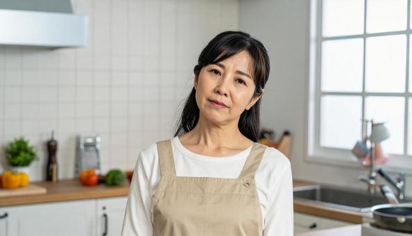 キッチンで肩こりを感じるエプロン姿の女性 キッチンで肩こりを感じるエプロン姿の女性の写真