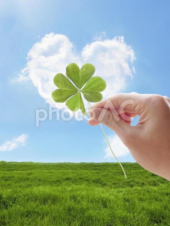 四葉のクローバーとハートの雲 空,青空,雲の写真素材