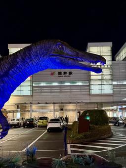 福井駅　夜の恐竜広場　世界糖尿病デー ブルーライト,イルミネーション,晩秋の写真素材