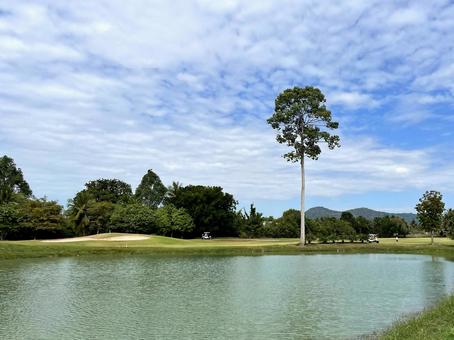 タイのゴルフ場の大きな池とヤシの木 風景,自然,ゴルフの写真素材
