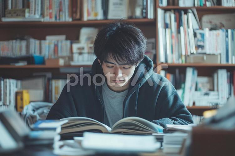 部屋にこもって勉強する男子学生 学生,男性,勉強の写真素材