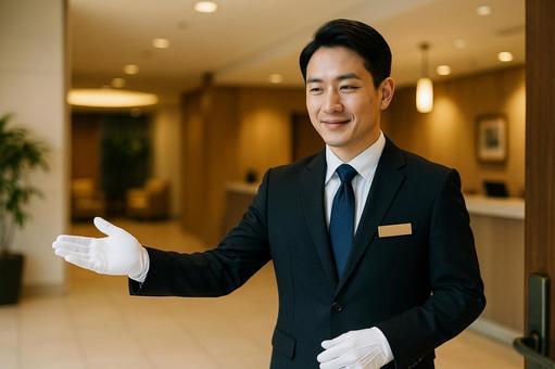 ホテルで案内する男性スタッフ ホテルで案内する男性スタッフの写真