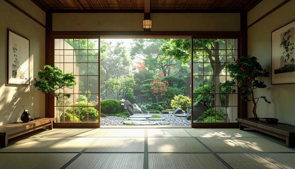 坪庭が見える玄関ホールの写真