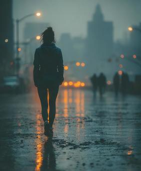 都市の夕暮れ、雨の中を歩く一人の女性 都市の夕暮れ、雨の中を歩く一人の女性の写真
