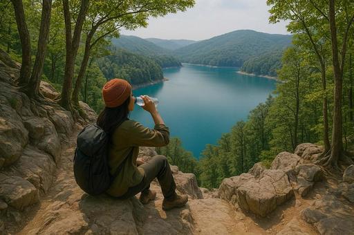湖畔で休憩する登山家 湖畔で休憩する登山家の写真