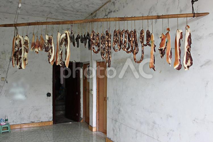中国の薫製肉 薫製,干す,肉の写真素材