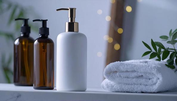 シャンプーとヘアオイルのボトルの白い容器 シャンプーとヘアオイルのボトルの白い容器の写真