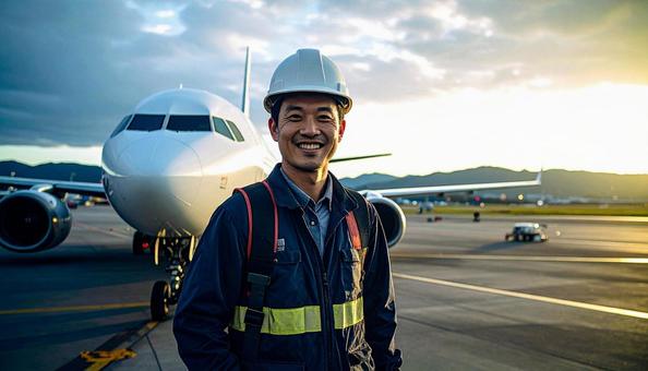 笑顔で航空機の誘導を行うランプ作業員 笑顔で航空機の誘導を行うランプ作業員の写真