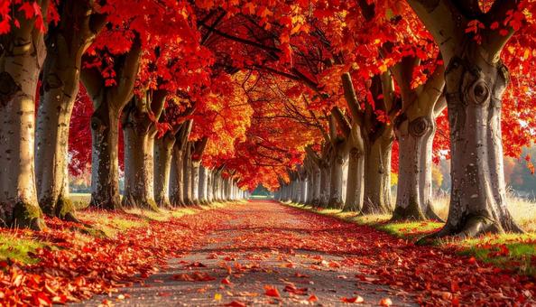 紅葉に包まれた並木道 紅葉に包まれた並木道の写真