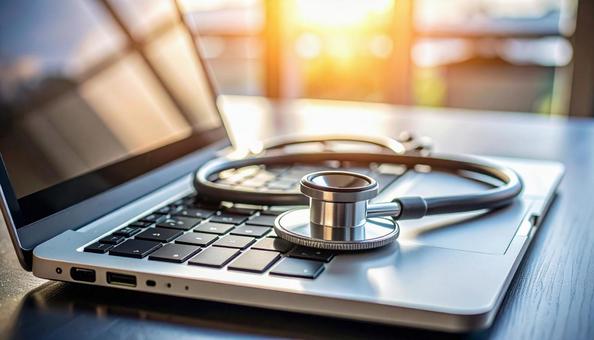 机の上の聴診器とノートパソコンの写真