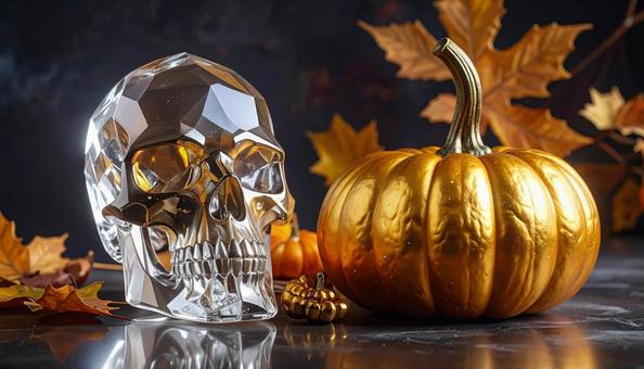 クリスタルスカルヘッドとゴールドカボチャの写真