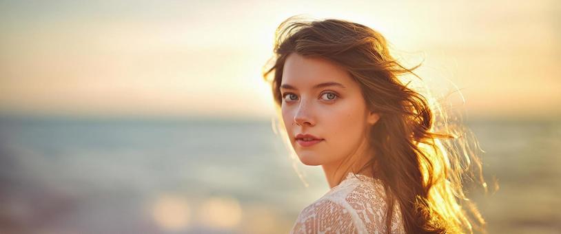 海辺の夕暮れに輝く女性 海辺の夕暮れに輝く女性の写真