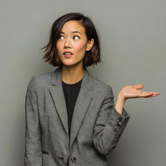 思案顔でジェスチャーを交える働く女性 思案顔でジェスチャーを交える働く女性の写真