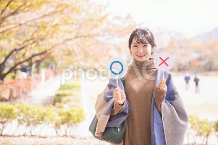 秋の公園でマルバツを持つ女性（笑顔） 選ぶ,選択,バツの写真素材