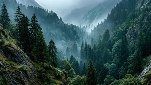 霧が漂う深い森の山々 霧が漂う深い森の山々の写真
