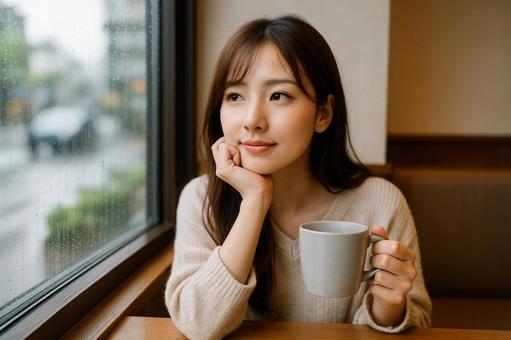 カフェでコーヒー片手に考える女性の写真