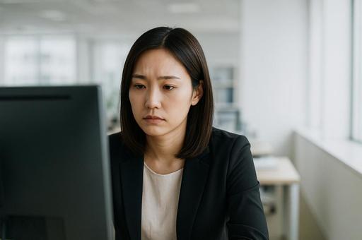 無表情でモニターを見つめる女性 無表情でモニターを見つめる女性の写真