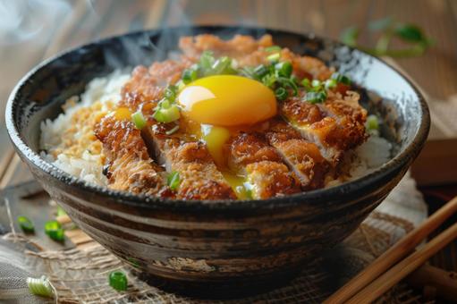 卵黄が輝く熱々のかつ丼の写真