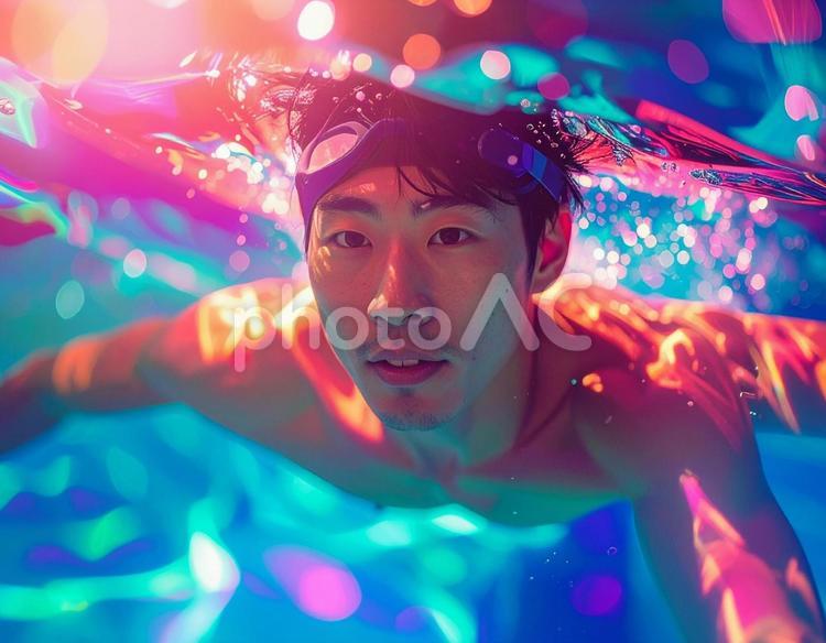水の中を泳ぐ男性 プール,水中,カラフルの写真素材