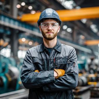 鉄工所で腕組みをする若い作業員の写真