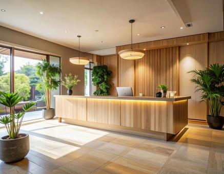 Reception lobby of a modern Japanese-style inn, hostel, modern japanese style, receptionist, JPG