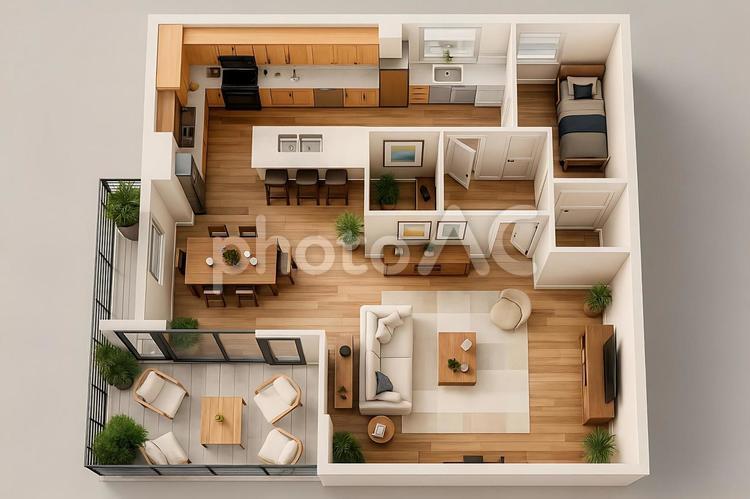 ファミリー向け住宅間取りの3D真俯瞰1 ファミリー,層,向けの写真素材