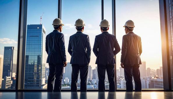 窓から街を見つめる建設作業員 窓から街を見つめる建設作業員の写真