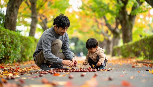 栗拾いをする日本人の親子 栗拾いをする日本人の親子の写真