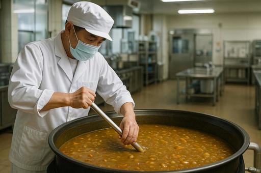 大鍋をかき混ぜる調理師 大鍋をかき混ぜる調理師の写真