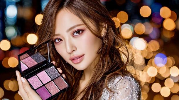 コスメ広告風の女性が持つアイシャドウ コスメ広告風の女性が持つアイシャドウの写真