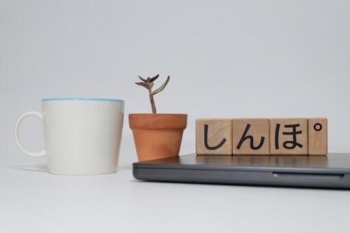 しんぽの文字ブロックとコーヒーと多肉植物 文字,ブロック,日本語の写真素材