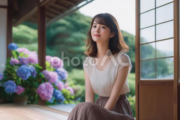 アジサイと古民家と女性 紫陽花,アジサイ,女性の写真素材