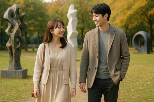 アートな広場でデートする男女の写真